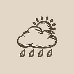 Image showing Cloud with rain and sun sketch icon.