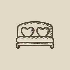 Image showing Heart shaped pillows on bed sketch icon.