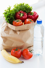 Image showing close up of bag with friuts, vegetables and water