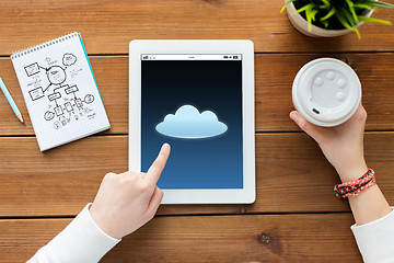 Image showing close up of woman with tablet pc on wooden table