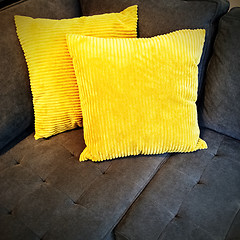 Image showing Bright yellow cushions on gray sofa