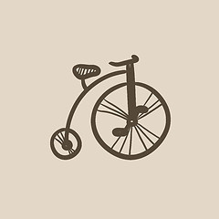 Image showing Old bicycle with big wheel sketch icon.