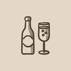 Image showing Champagne bottle and two glasses sketch icon.