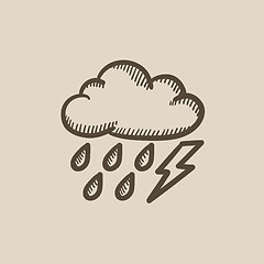 Image showing Cloud with rain and lightning bolt sketch icon.