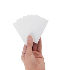 Image showing Hand holding many business cards