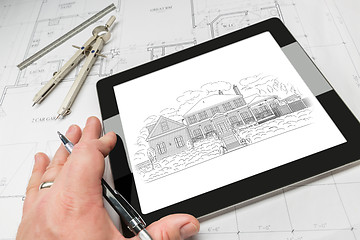 Image showing Hand of Architect on Computer Tablet Showing Home Illustration O