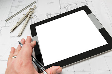 Image showing Blank Computer Tablet, House Plans, Pencil, Compass, Clipping Pa