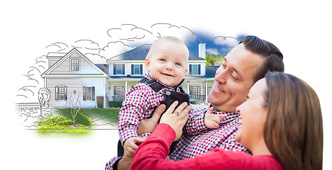 Image showing Young Family Over House Drawing and Photo on White