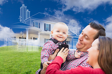 Image showing Happy Young Family with Ghosted House Drawing Behind