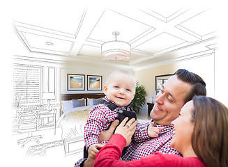 Image showing Young Family With Baby Over Bedroom Drawing and Photo