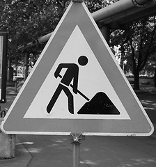 Image showing Road works sign in black and white