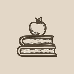 Image showing Books and apple on top sketch icon.