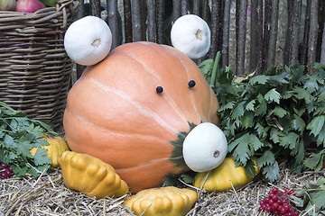 Image showing Funny figure in the form of pigs made from pumpkins