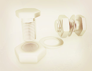 Image showing stainless steel bolts with a nuts and washers. 3D illustration. 