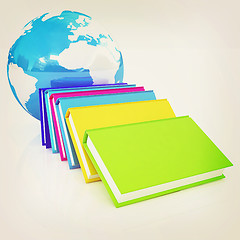 Image showing colorful books and Earth. 3D illustration. Vintage style.