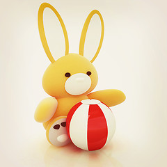 Image showing soft toy hare and colorful aquatic ball. 3D illustration. Vintag