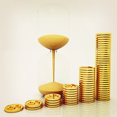 Image showing hourglass and coins. 3D illustration. Vintage style.
