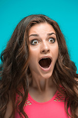 Image showing Portrait of young woman with shocked facial expression