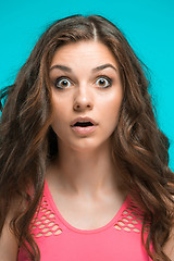 Image showing Portrait of young woman with shocked facial expression