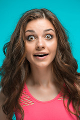 Image showing Portrait of young woman with shocked facial expression