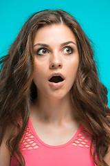 Image showing Portrait of young woman with shocked facial expression