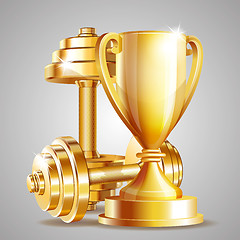 Image showing Gold cup with golden realistic dumbbells.