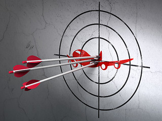 Image showing Tourism concept: arrows in Airplane target on wall background