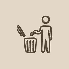 Image showing Man throwing garbage in a bin sketch icon.