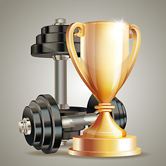 Image showing Gold cup with metal realistic dumbbells.