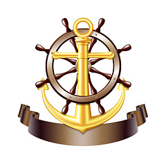 Image showing Nautical emblem with golden anchor, vector