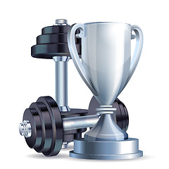 Image showing Silver cup with metal realistic dumbbells.