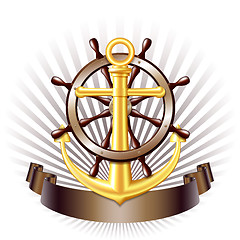 Image showing Nautical emblem with golden anchor, vector