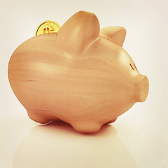 Image showing Wooden piggy bank and falling coins. 3D illustration. Vintage st