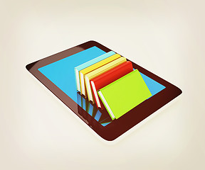 Image showing tablet pc and colorful real books. 3D illustration. Vintage styl