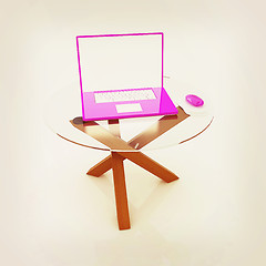 Image showing pink laptop on an exclusive table. 3D illustration. Vintage styl