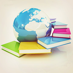 Image showing colorful books and Earth. 3D illustration. Vintage style.