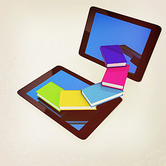 Image showing tablet pc and colorful real books. 3D illustration. Vintage styl