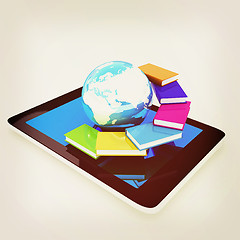 Image showing tablet pc and earth with colorful real books. 3D illustration. V
