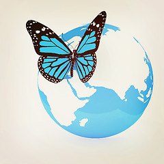 Image showing Earth and butterfly. 3D illustration. Vintage style.