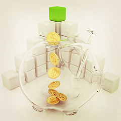 Image showing cubic diagram structure and piggy bank. 3D illustration. Vintage