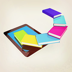 Image showing tablet pc and colorful real books. 3D illustration. Vintage styl