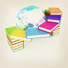 Image showing Colorful books and earth. 3D illustration. Vintage style.