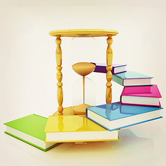 Image showing Hourglass and books. 3D illustration. Vintage style.