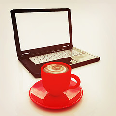 Image showing 3d cup and a laptop. 3D illustration. Vintage style.