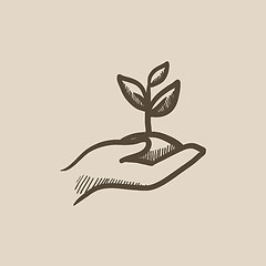 Image showing Hands holding seedling in soil sketch icon.