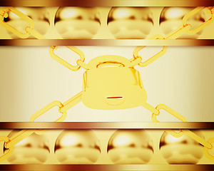 Image showing Abstract template with golden spheres and padlock. 3D illustrati