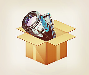 Image showing camera out of the box. 3D illustration. Vintage style.