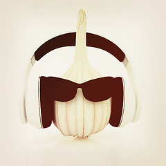 Image showing Head of garlic with sun glass and headphones front \