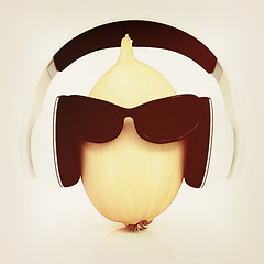 Image showing Ripe onion with sun glass and headphones front \