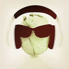 Image showing Green cabbage with sun glass and headphones front \